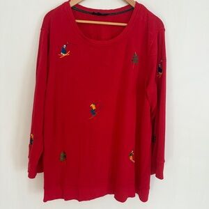Jane + Delancey Sweater Light Sweatshirt Red With Downhill Skier Size 2X